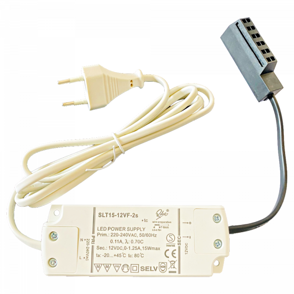 Elektronischer LED Transformator / Treiber / 15W / inkl. Zuleitung und 6-fach Verteiler für AMP Stecker