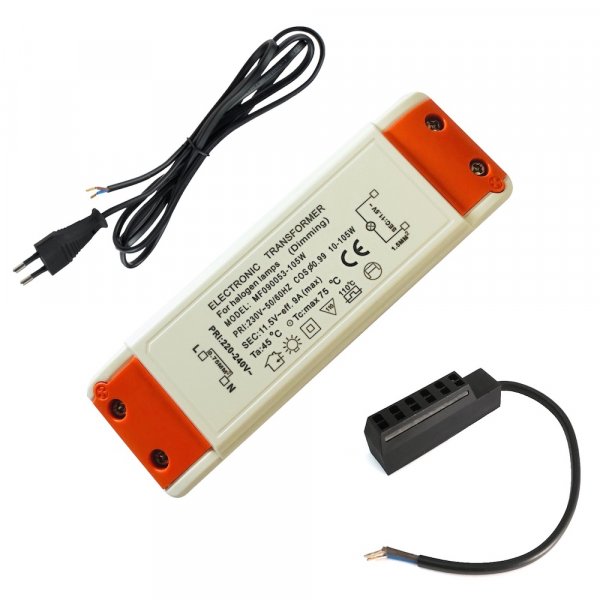 Halogen Trafo 105 W – 12 V, eckig, mit 230 V Zuleitung & Stecker