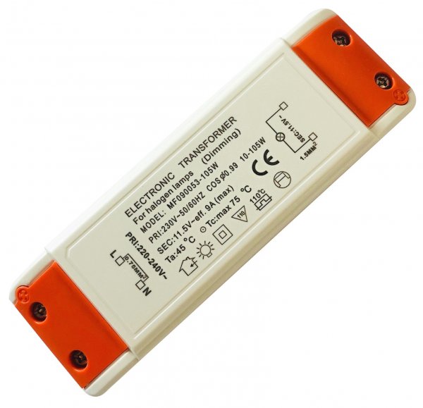 Halogen Trafo 105 W – 12 V, eckig, mit 230 V Zuleitung & Schnurschalter