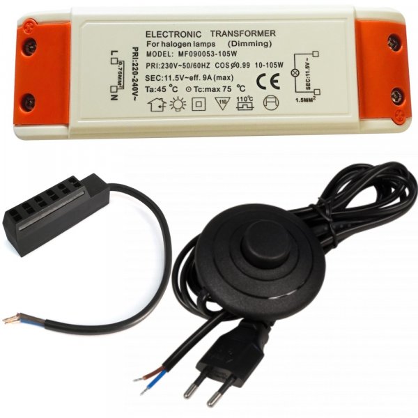 Halogen Trafo 105 W – 12 V, eckig, mit 230 V Zuleitung & Fußschalter