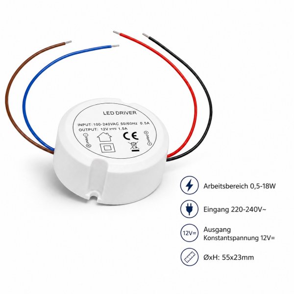 Elektronischer LED Transformator / 0.5 -> 15Watt / 230V~ auf 12V= / Rund ø x H - 55 x 23