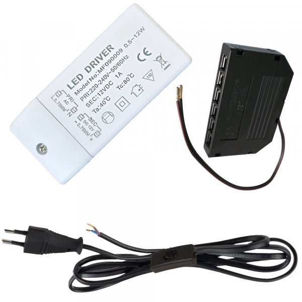 Elektronischer LED Transformator 12W mit Miniverteiler 230V Zuleitung und Schnurschalter